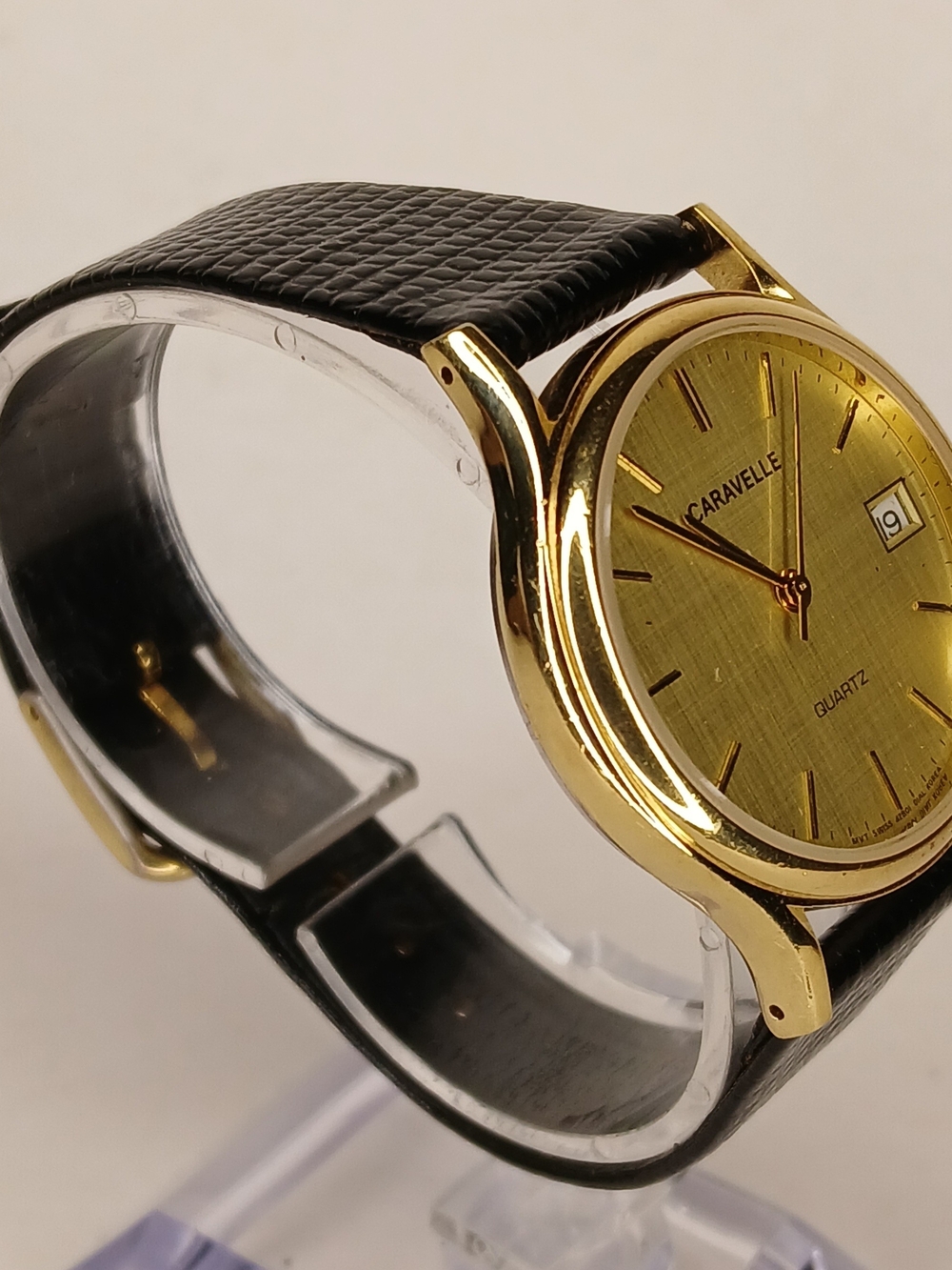 Bulova Gold-Tone Dial Watch with Black Leather Strap